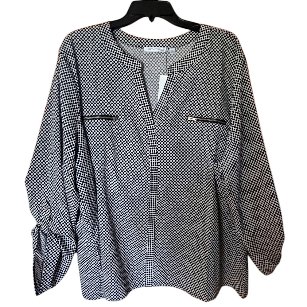 New Notations Black and White Boxy Blouse with Mandarin Collar Sz 3X